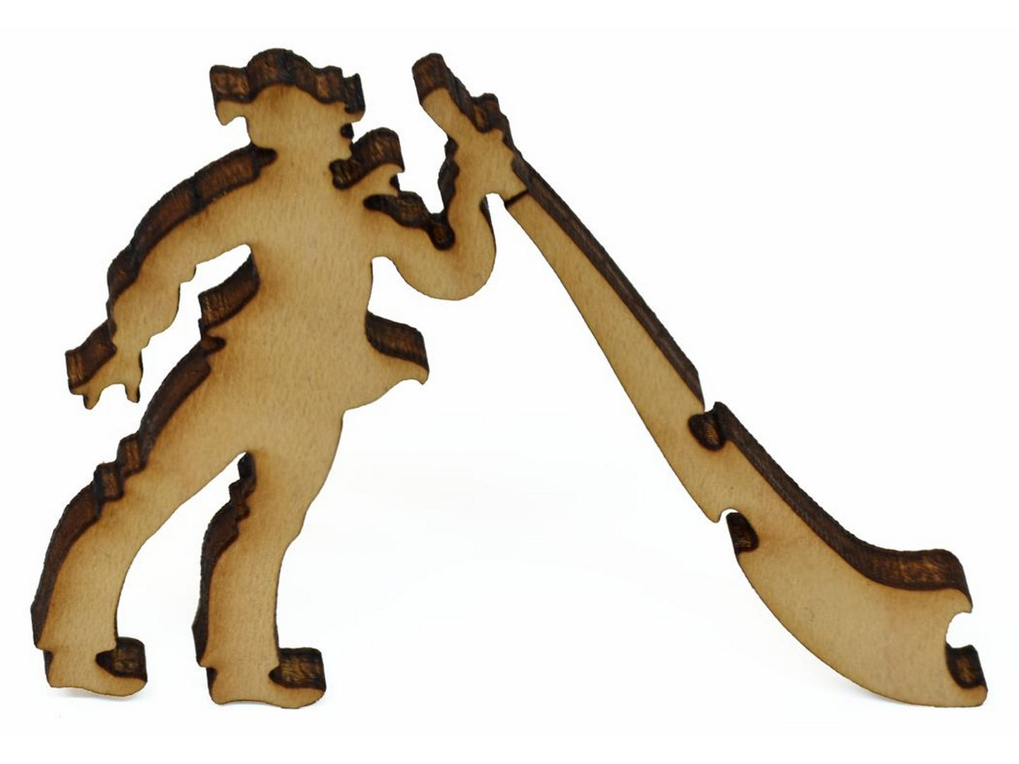 A closeup of pieces showing a person blowing an alpenhorn.
