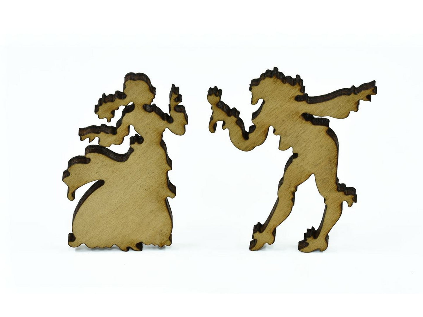 A closeup of pieces in the shape of a man giving a woman a flower.
