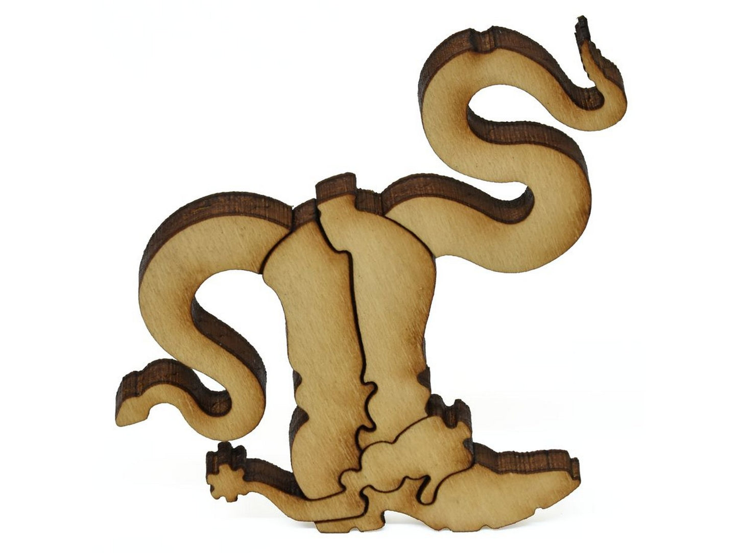 A closeup of pieces showing a snake and a cowboy boot.