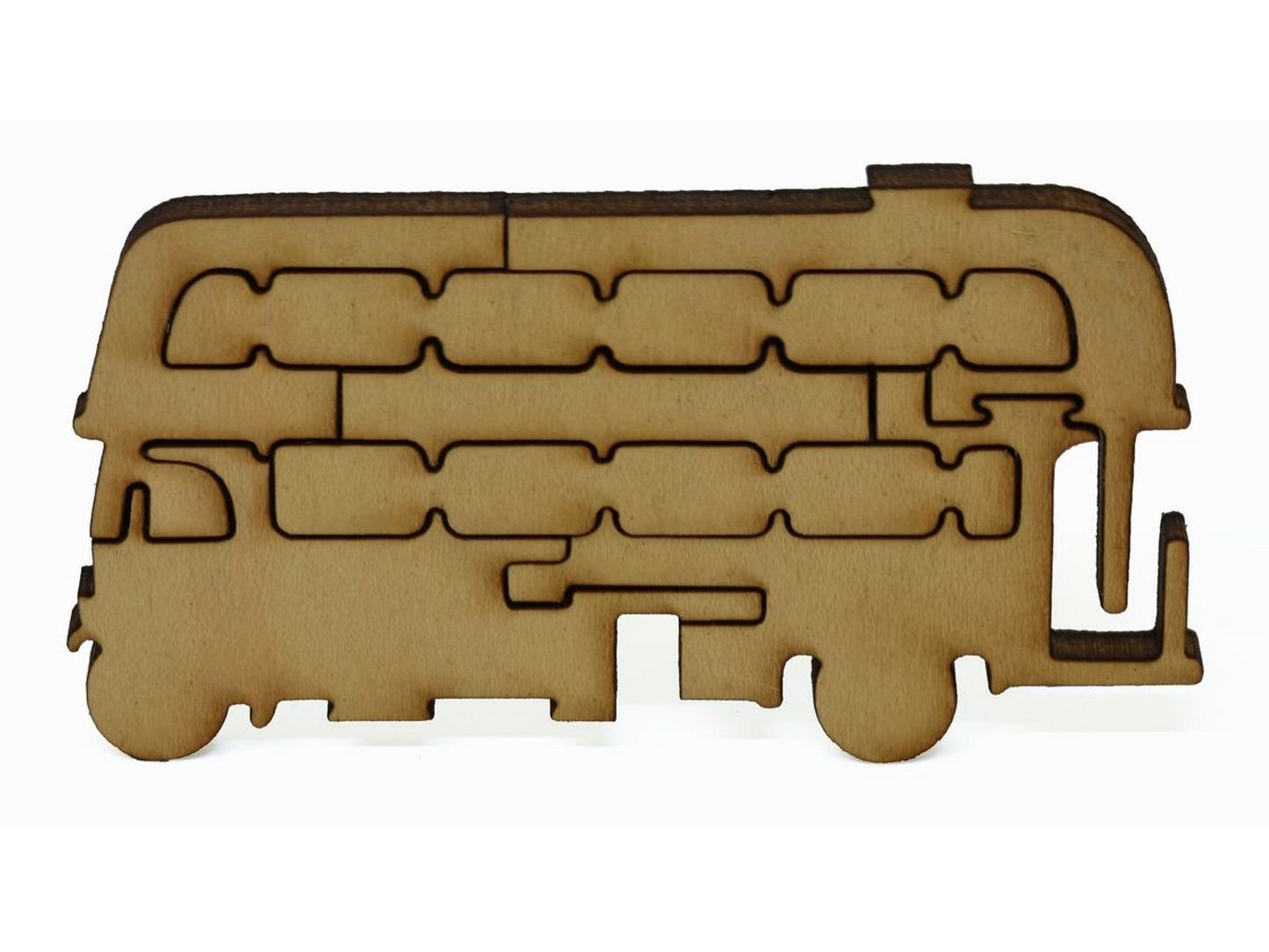 A closeup of pieces that make up a multi-piece double decker bus.