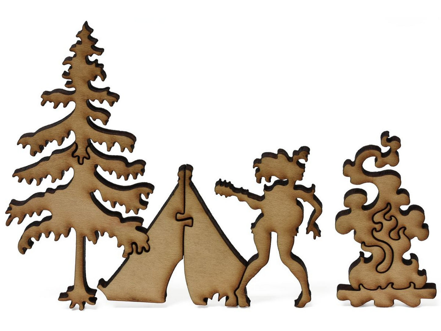 A closeup of whimsies that show a campsite, woman with guitar, and a campfire from Bridal Veil Falls.