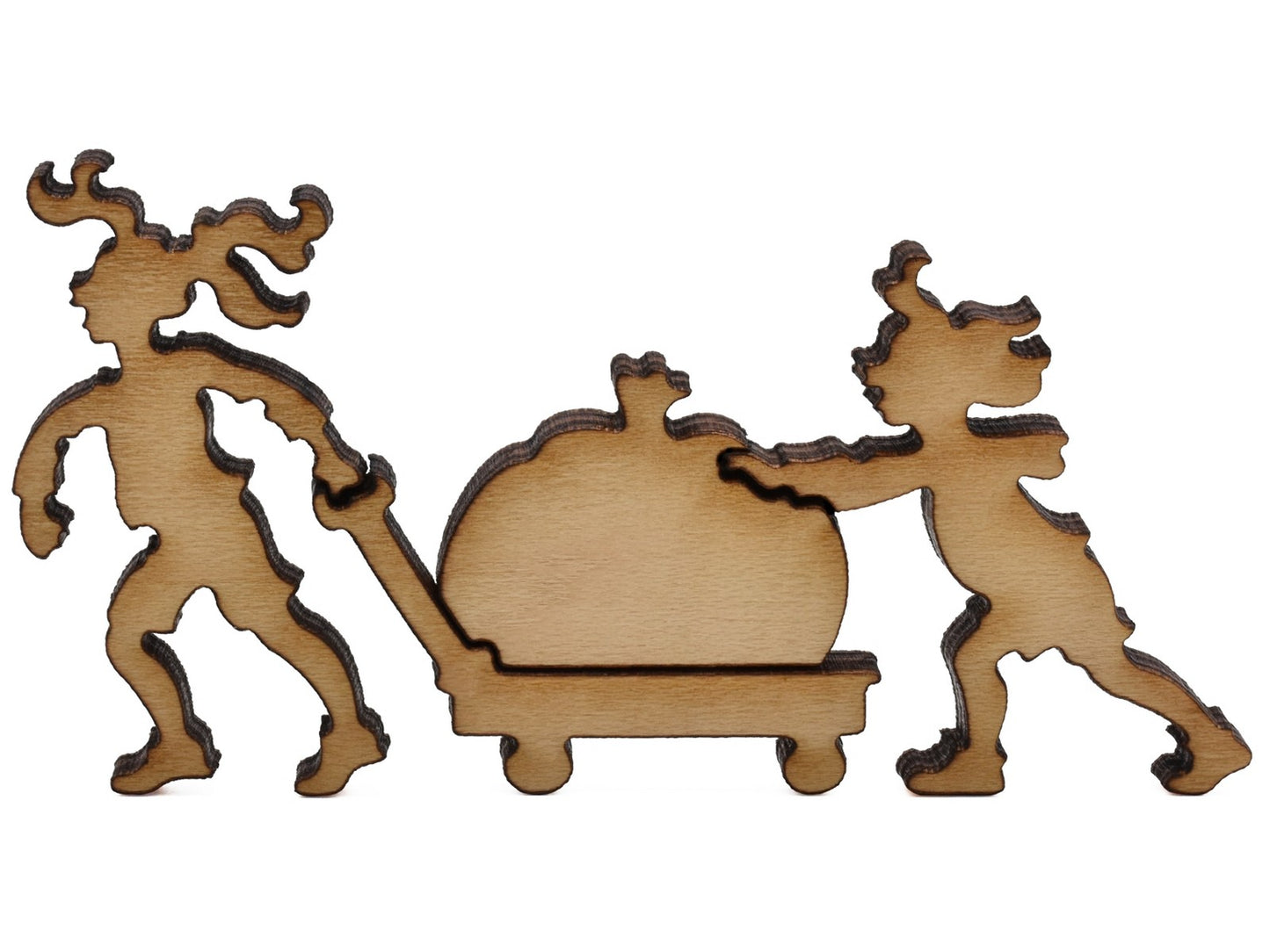 A closeup of pieces shaped like two children pushing a cart with a pumpkin.