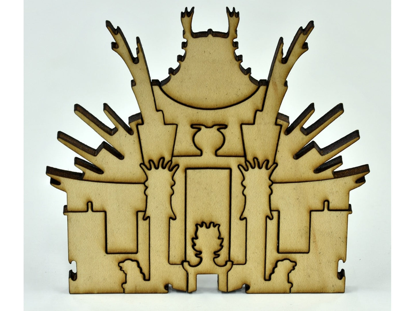 A closeup of pieces in the shape of a Chinese Theater.