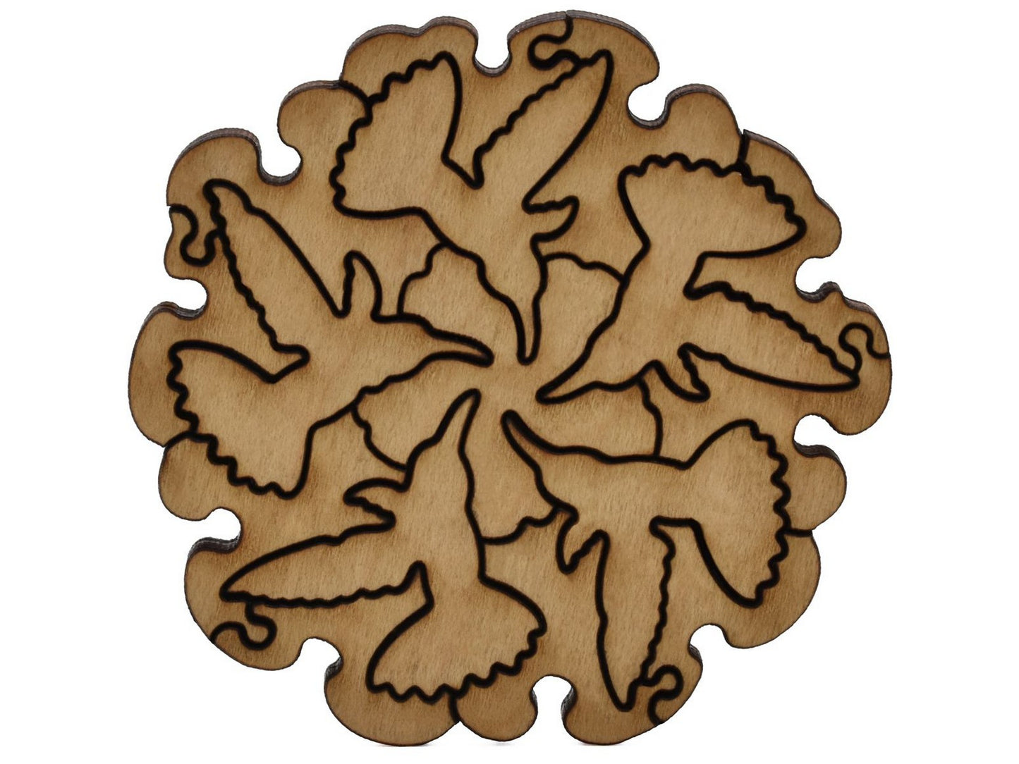 A closeup of pieces shaped like five hummingbirds in a circle pattern.