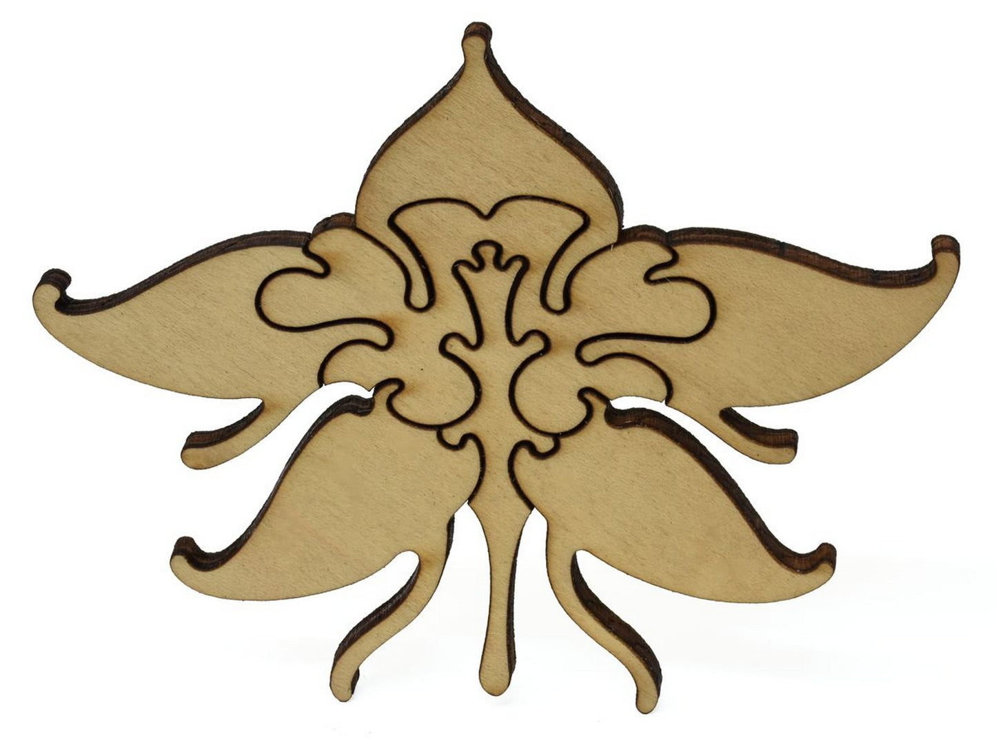 A closeup of pieces showing a multi-piece columbine.