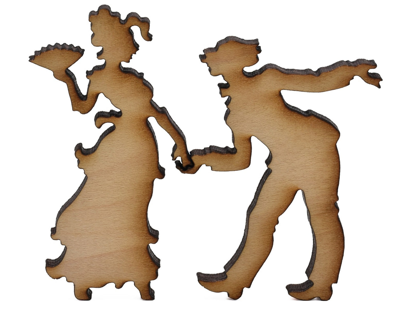 A closeup of pieces shaped like a couple with the man bowing to the woman.