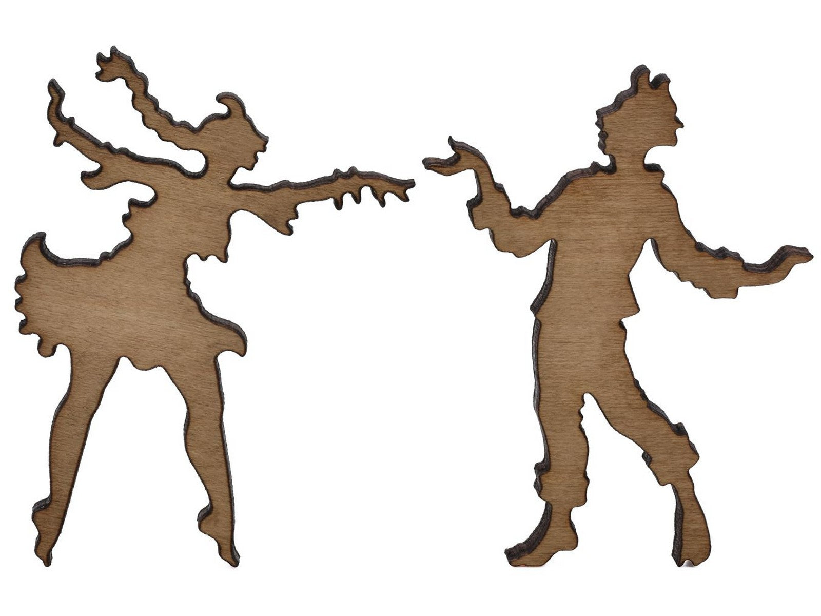 A closeup of pieces shaped like two people dancing.