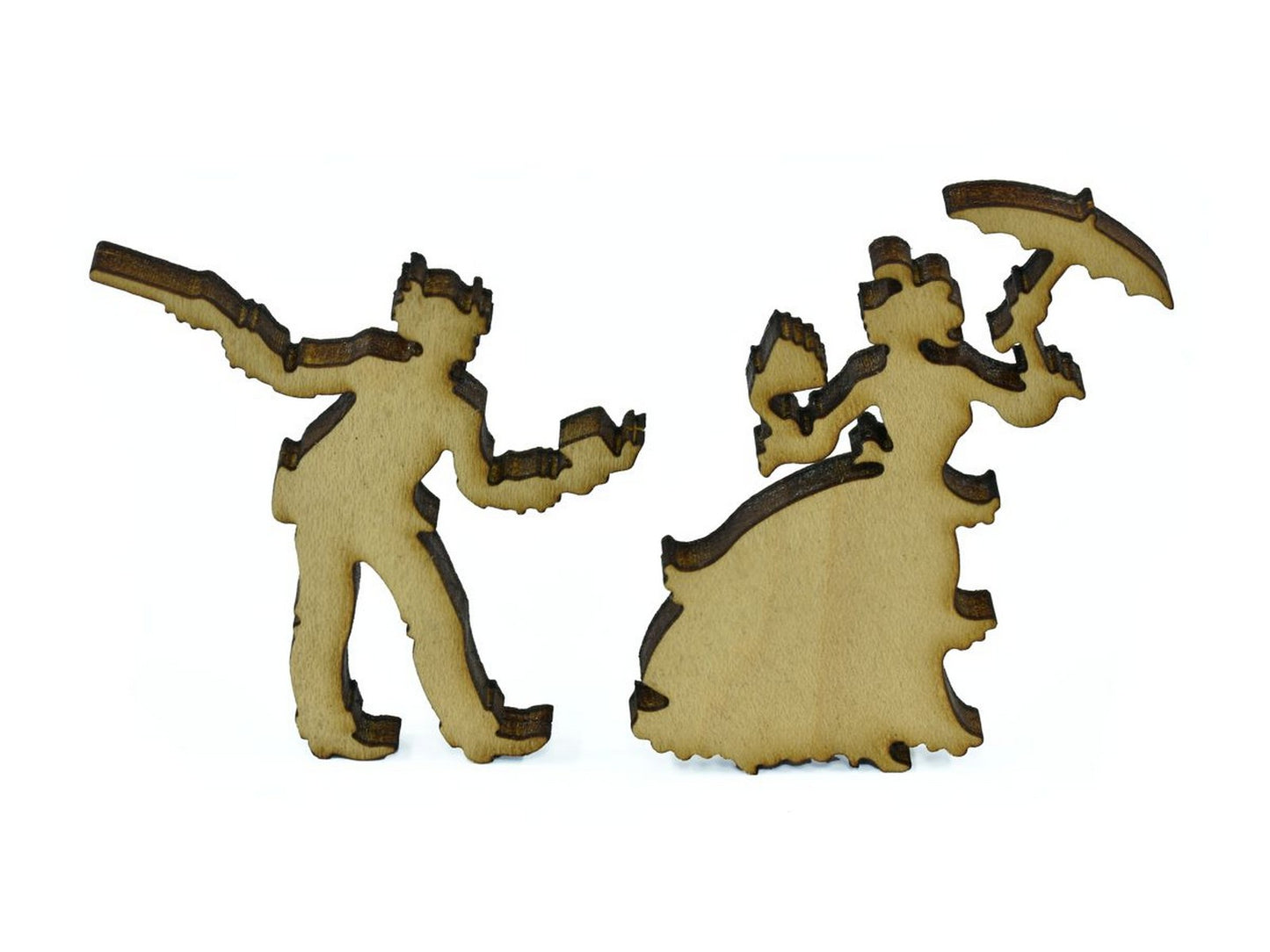 A closeup of pieces in the shape of a couple.