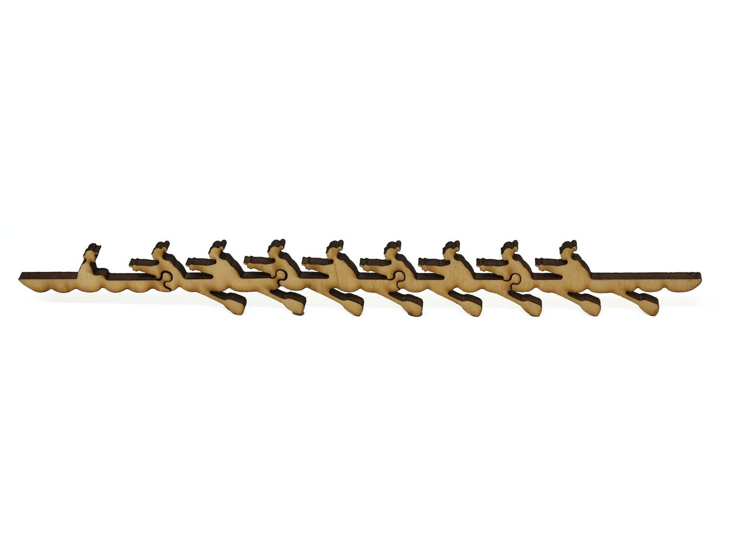 A closeup of pieces showing a team of rowers in their boat.