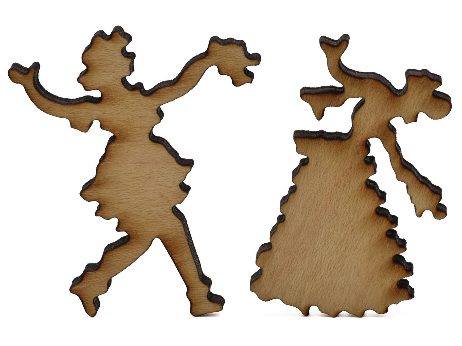 A closeup of pieces shaped like a pair of women dancing.
