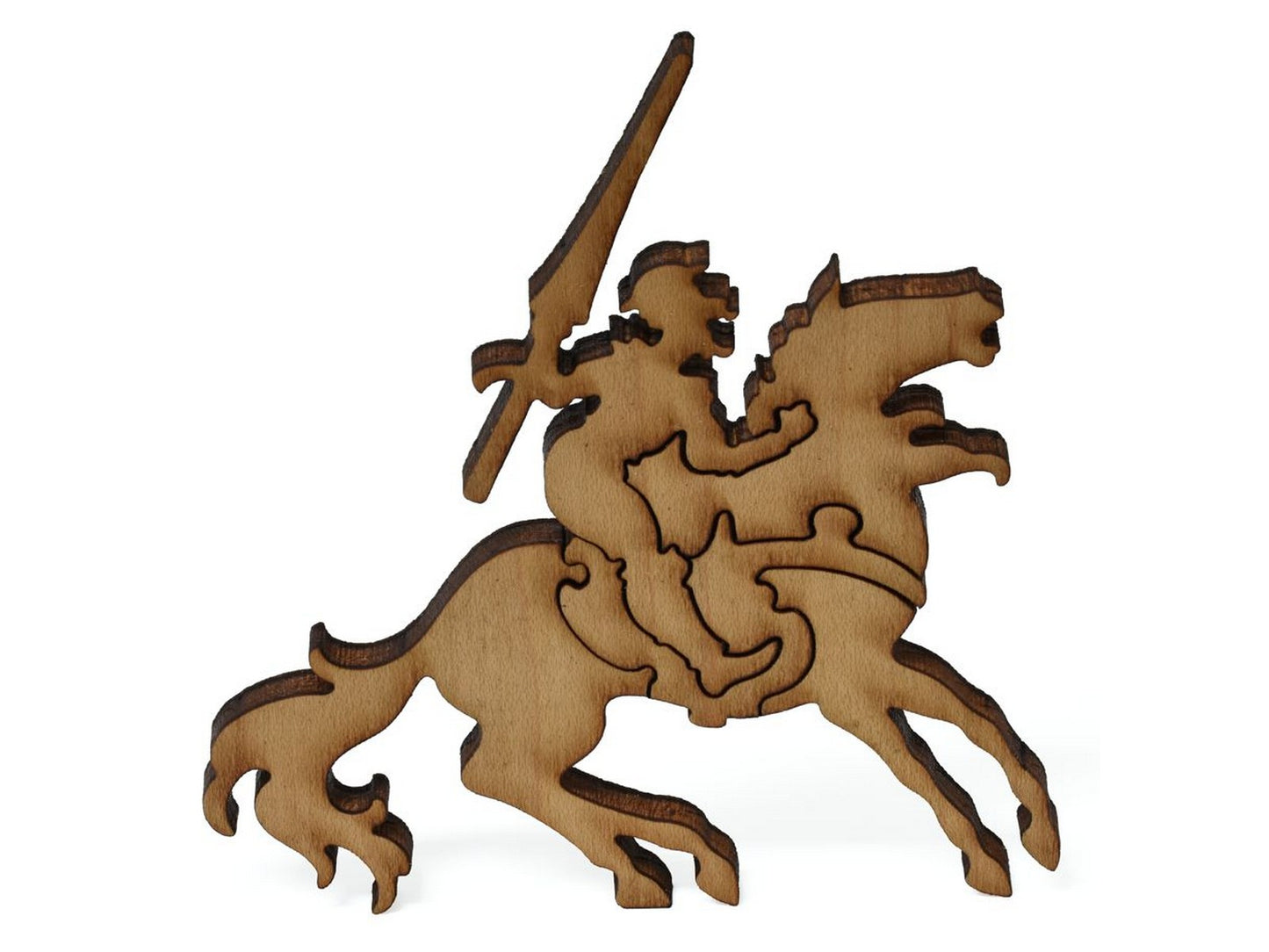 A closeup of pieces showing Don Quixote on his horse with a lance.