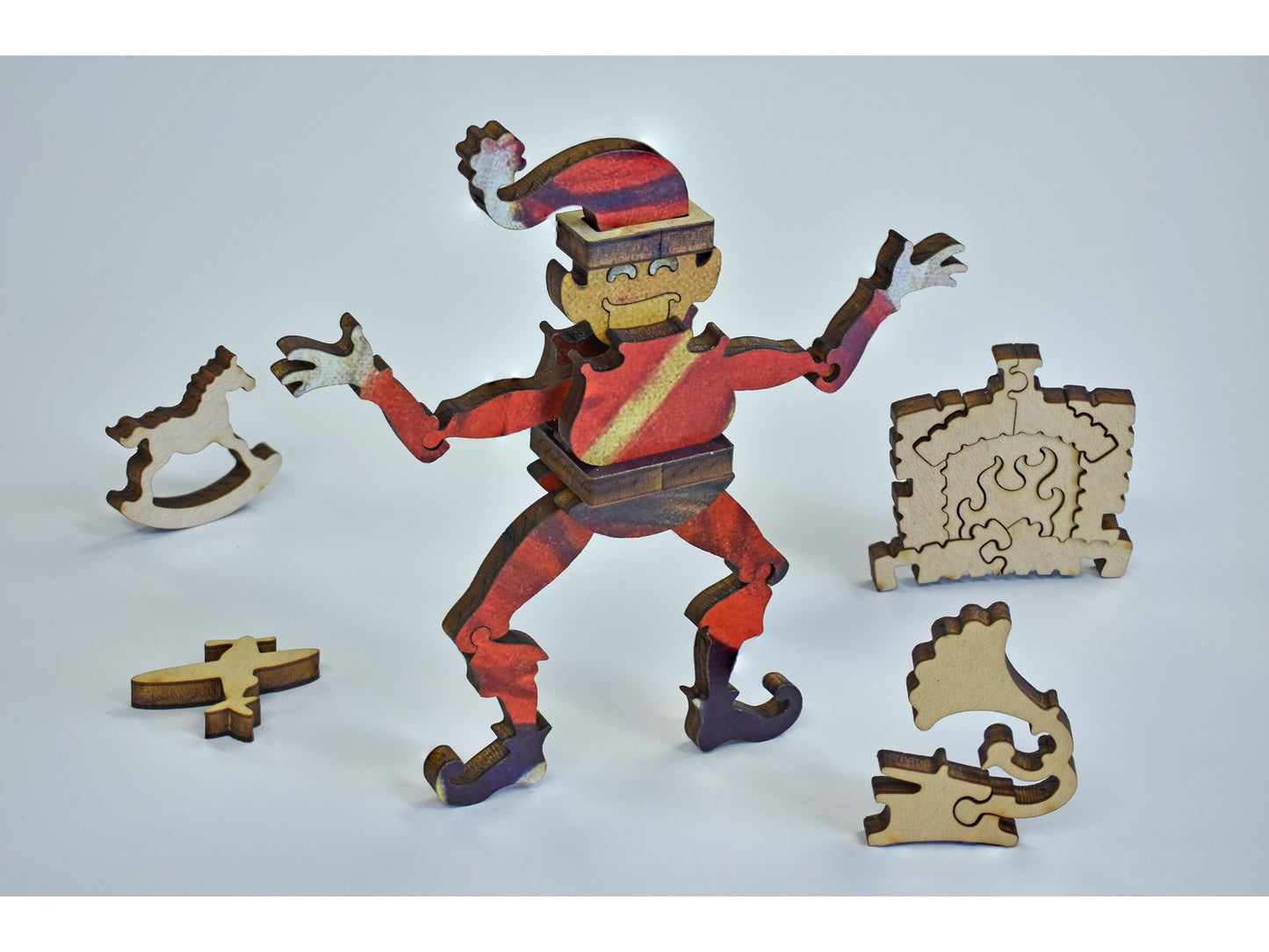 A closeup of pieces in the shape of a 3D elf.