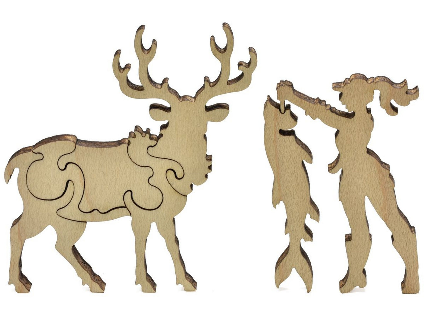 A closeup of pieces showing an elk and woman with a fish.
