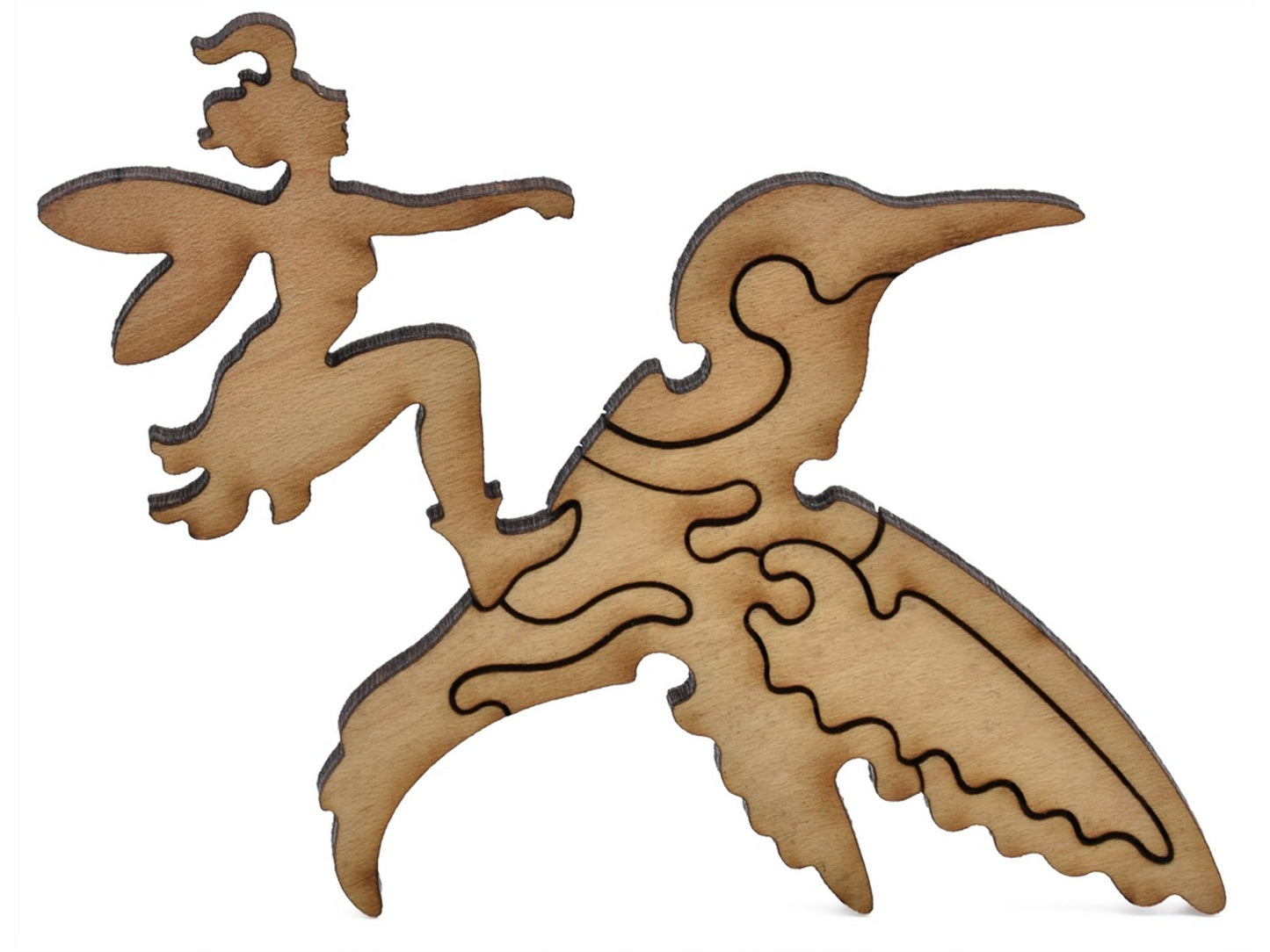 A closeup of pieces showing a fairy riding on a hummingbird's back.