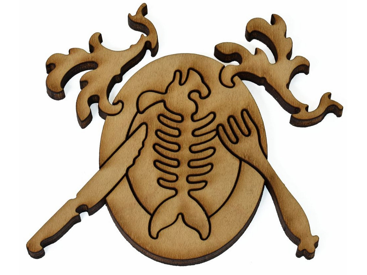 A closeup of pieces showing a fish skeleton on a plate.