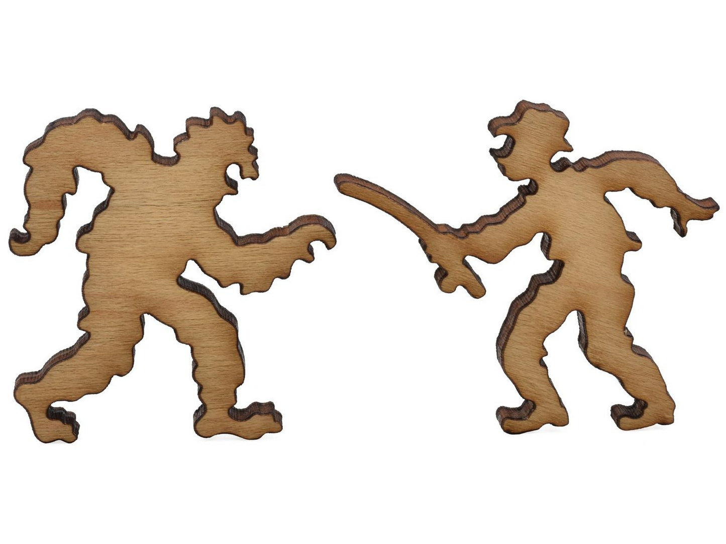 A closeup of pieces showing a fisherman and big foot.