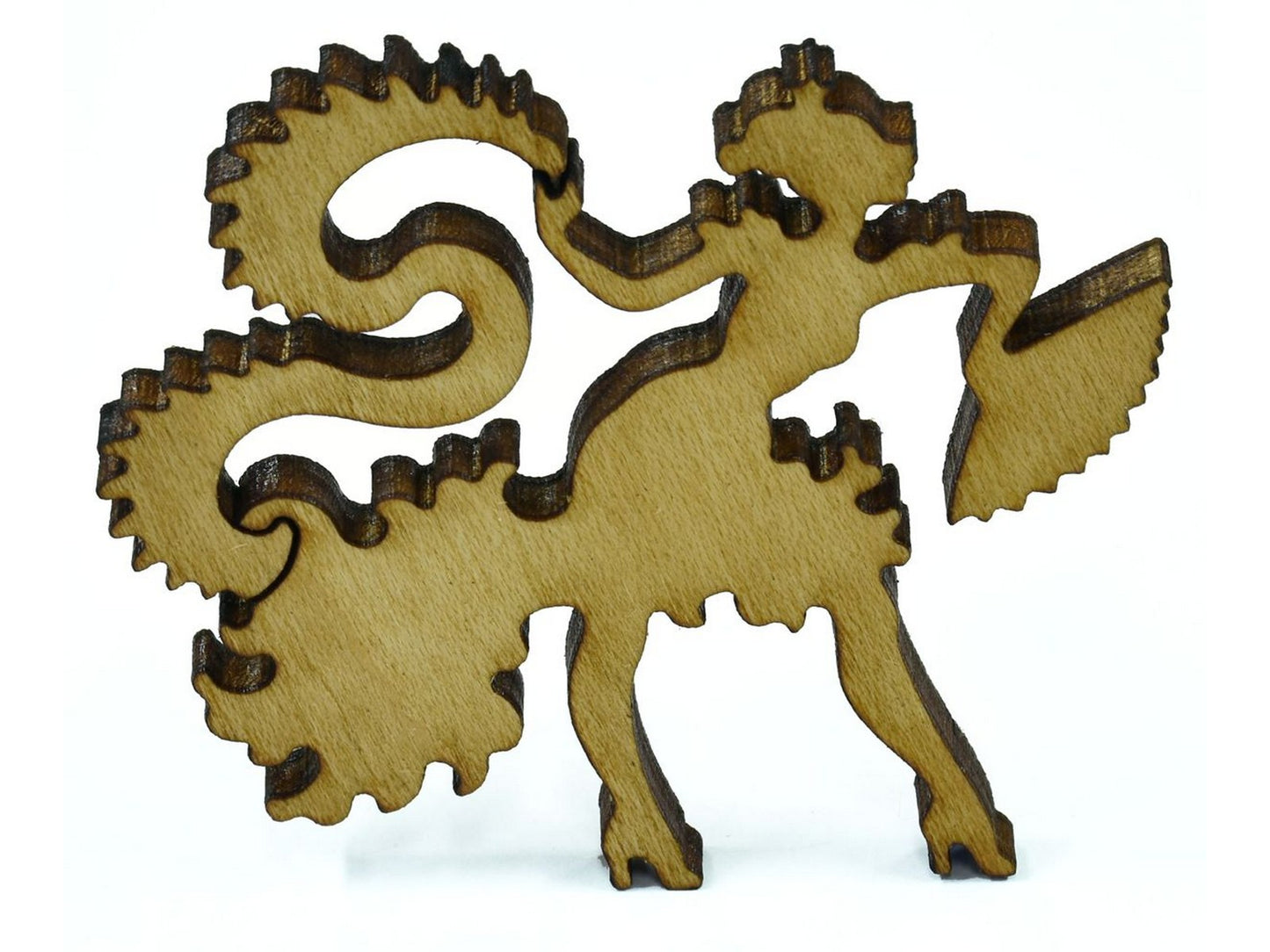 A closeup of pieces shaped like a flamenco dancer.