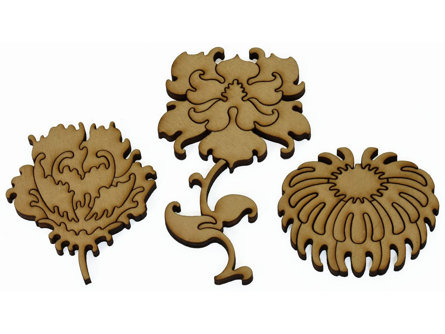 A closeup of pieces showing three multi-piece flowers.