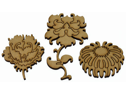 A closeup of pieces showing three multi-piece flowers.