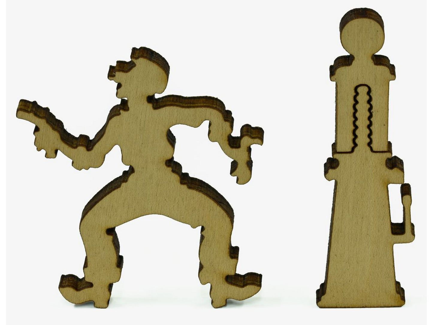 A closeup of pieces showing a gas station attendant and a gas pump.