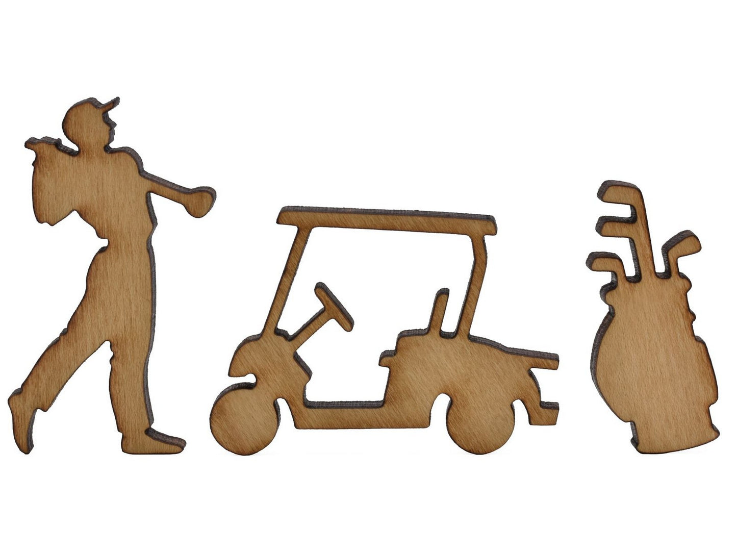 A closeup of pieces showing a man golfing, a golf cart, and a golfbag.