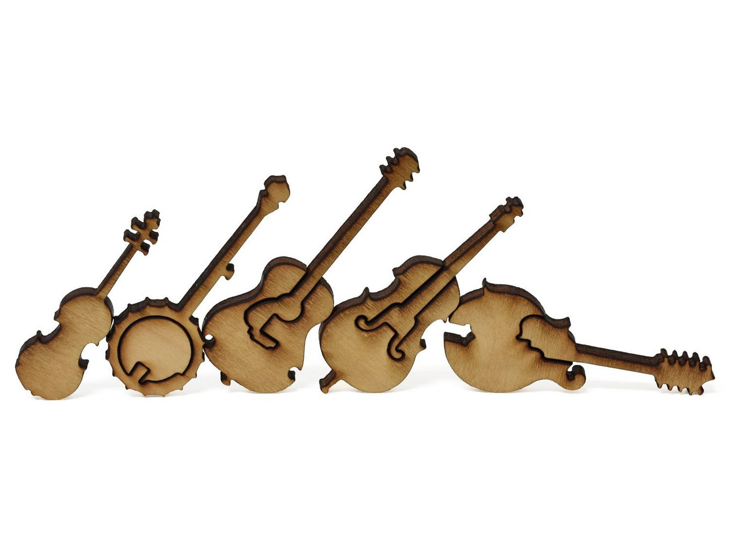 A closeup of pieces showing bluegrass instruments.