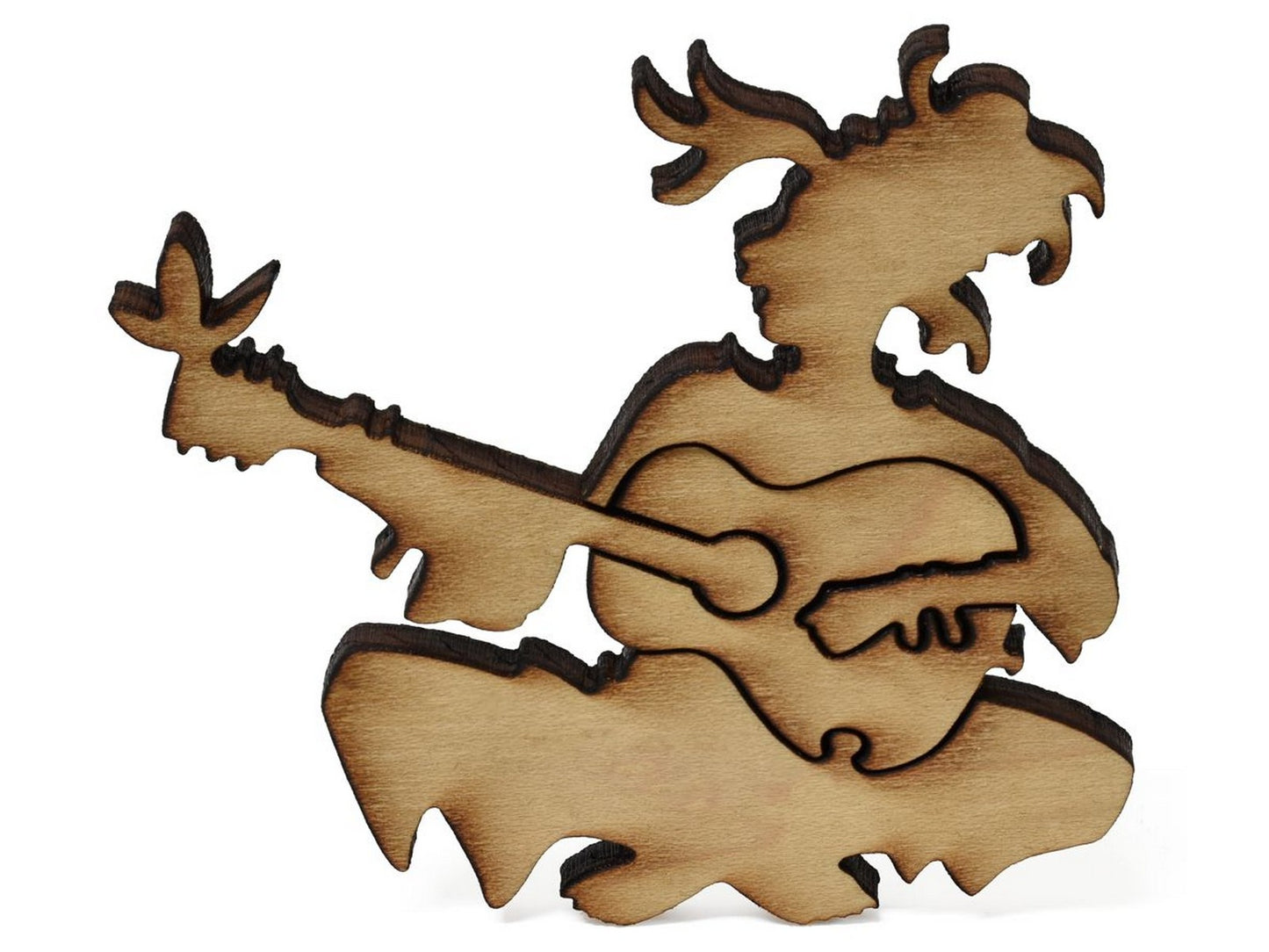 A closeup of pieces showing a woman playing guitar.