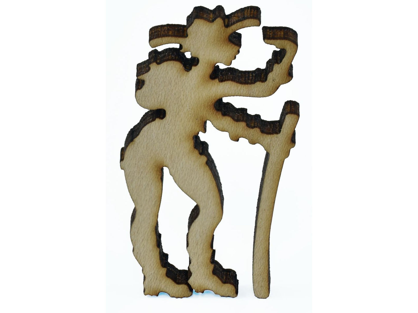 A closeup of a piece shaped like a hiker.