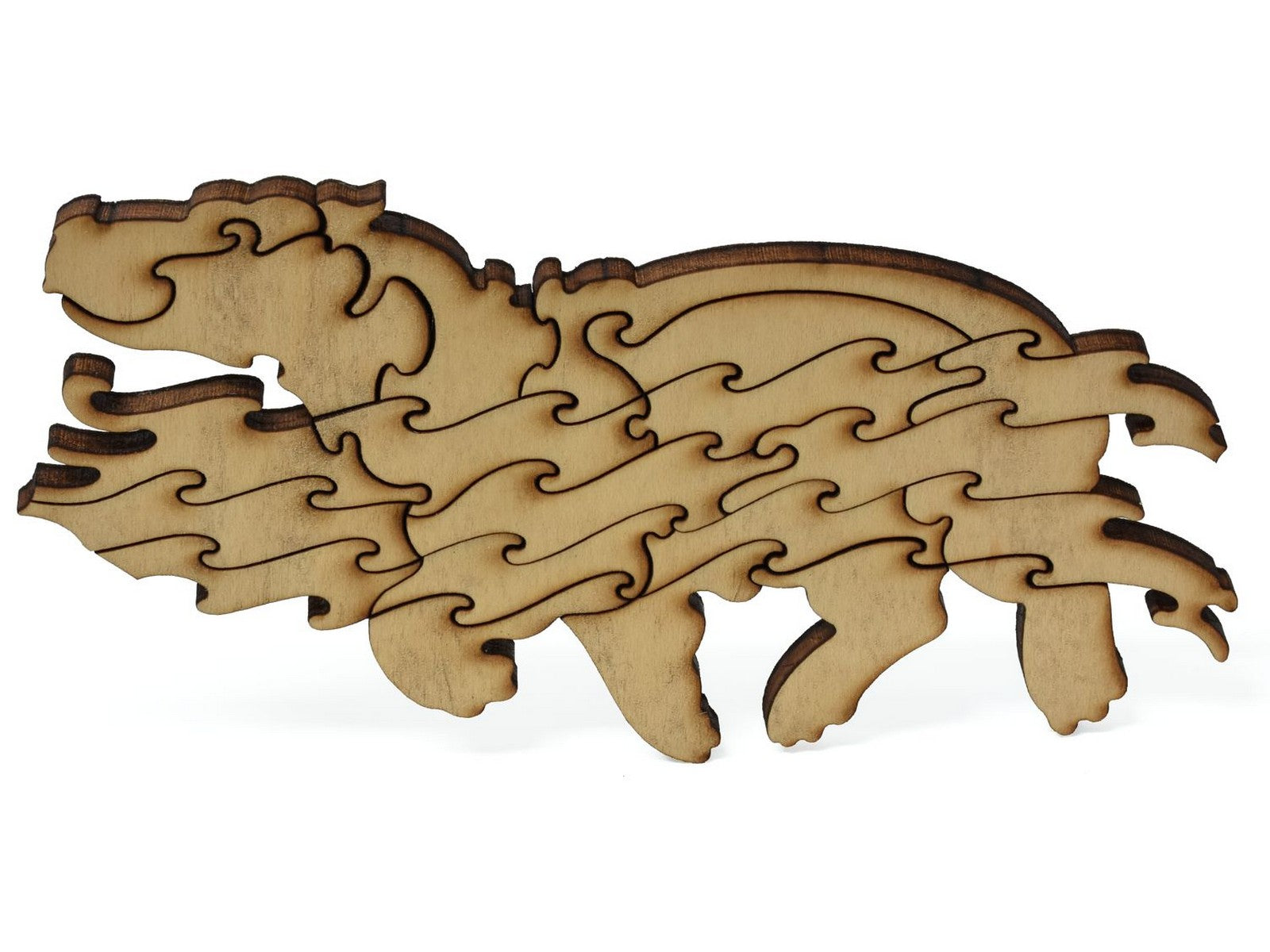 A closeup of pieces that make up a hippo swimming in water.