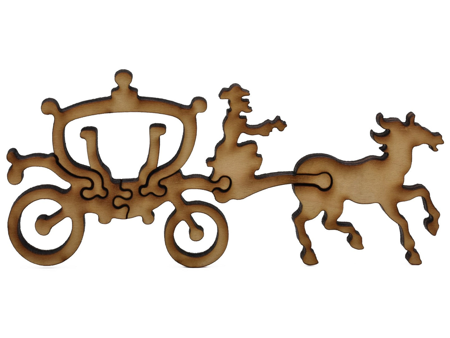 A closeup of pieces shaped like a horse and buggy.