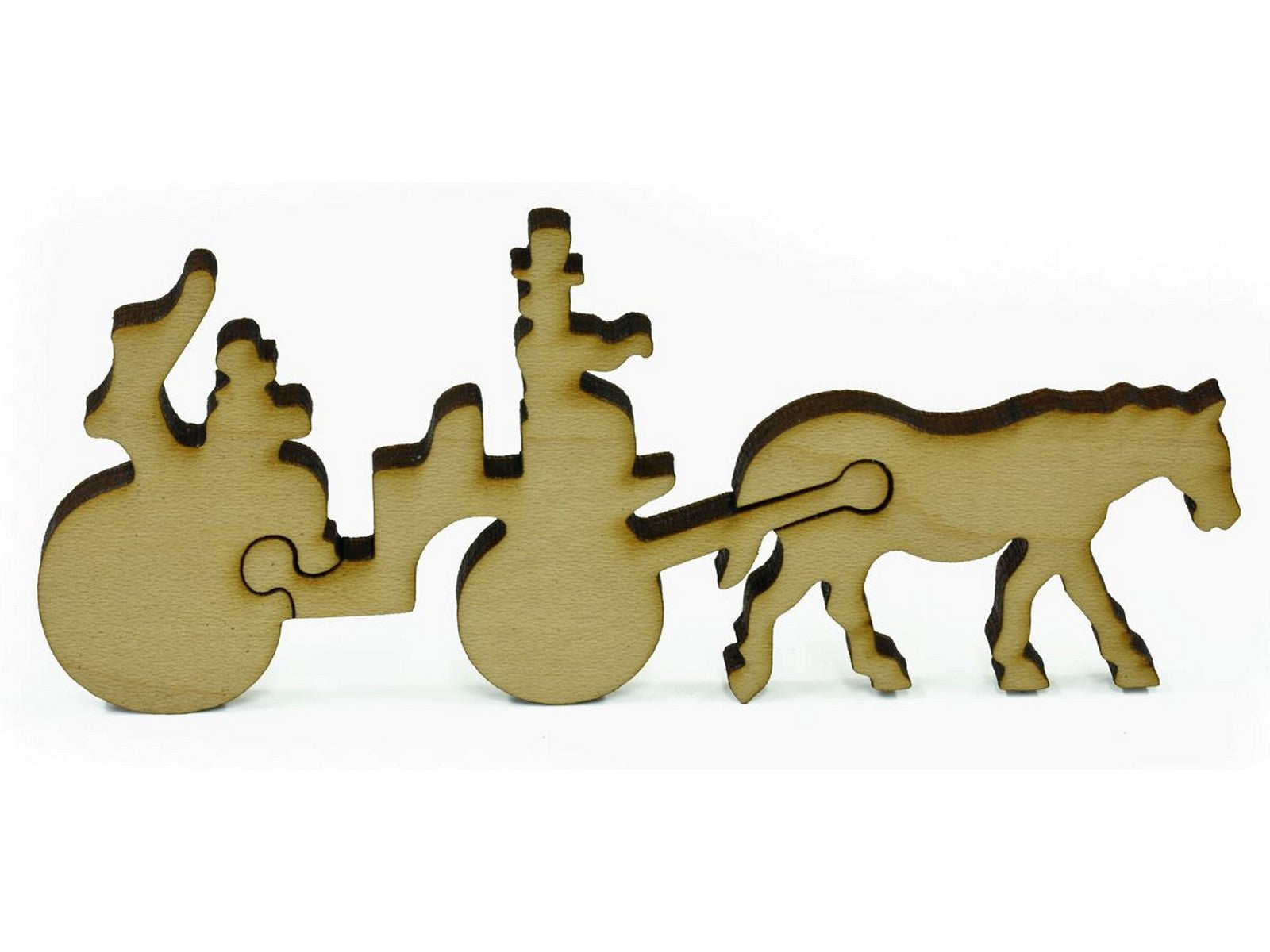 A closeup of some pieces showing a horse and carriage.