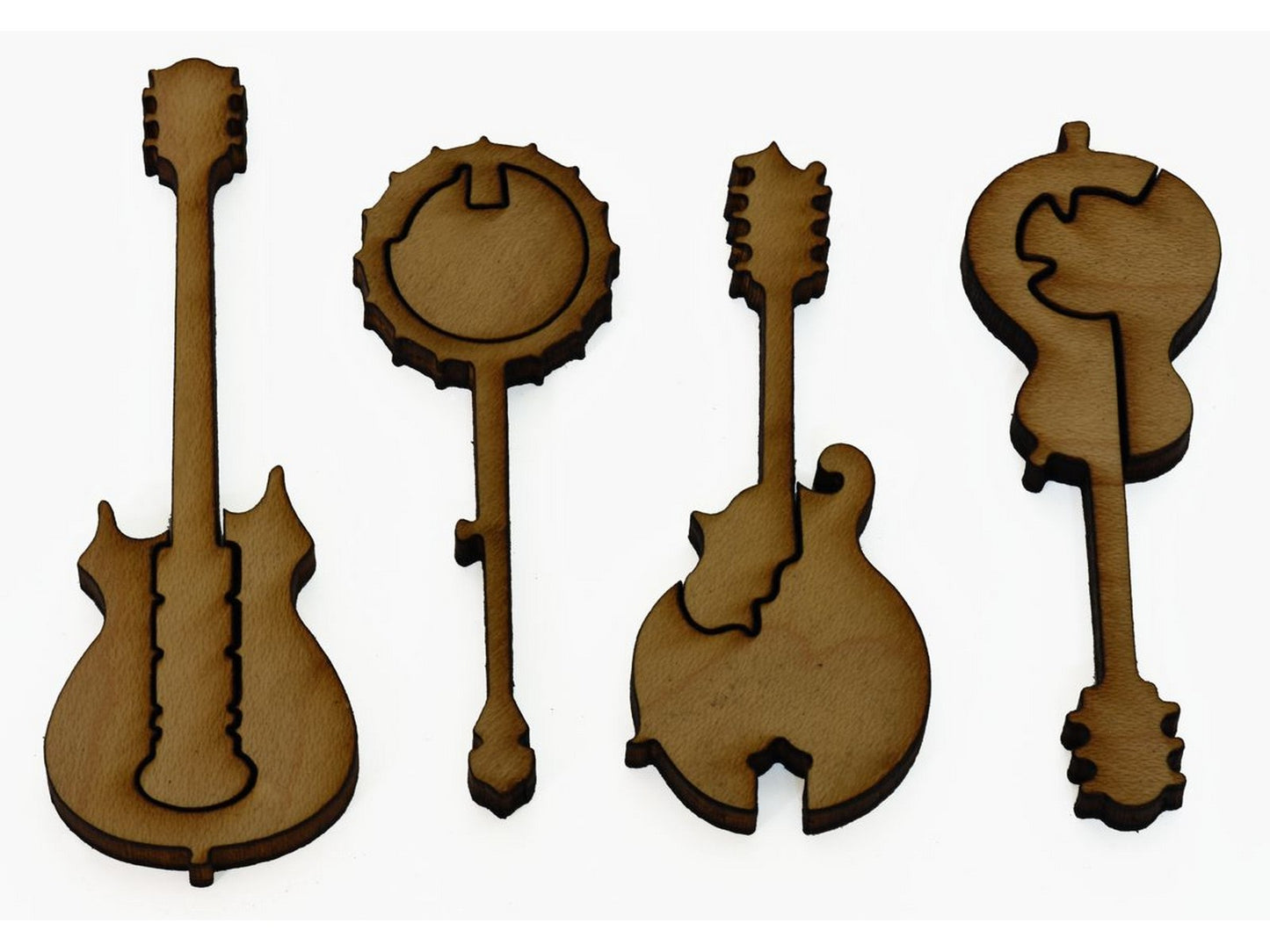 A closeup of an electric guitar, banjo, mandolin, and resonator guitar.