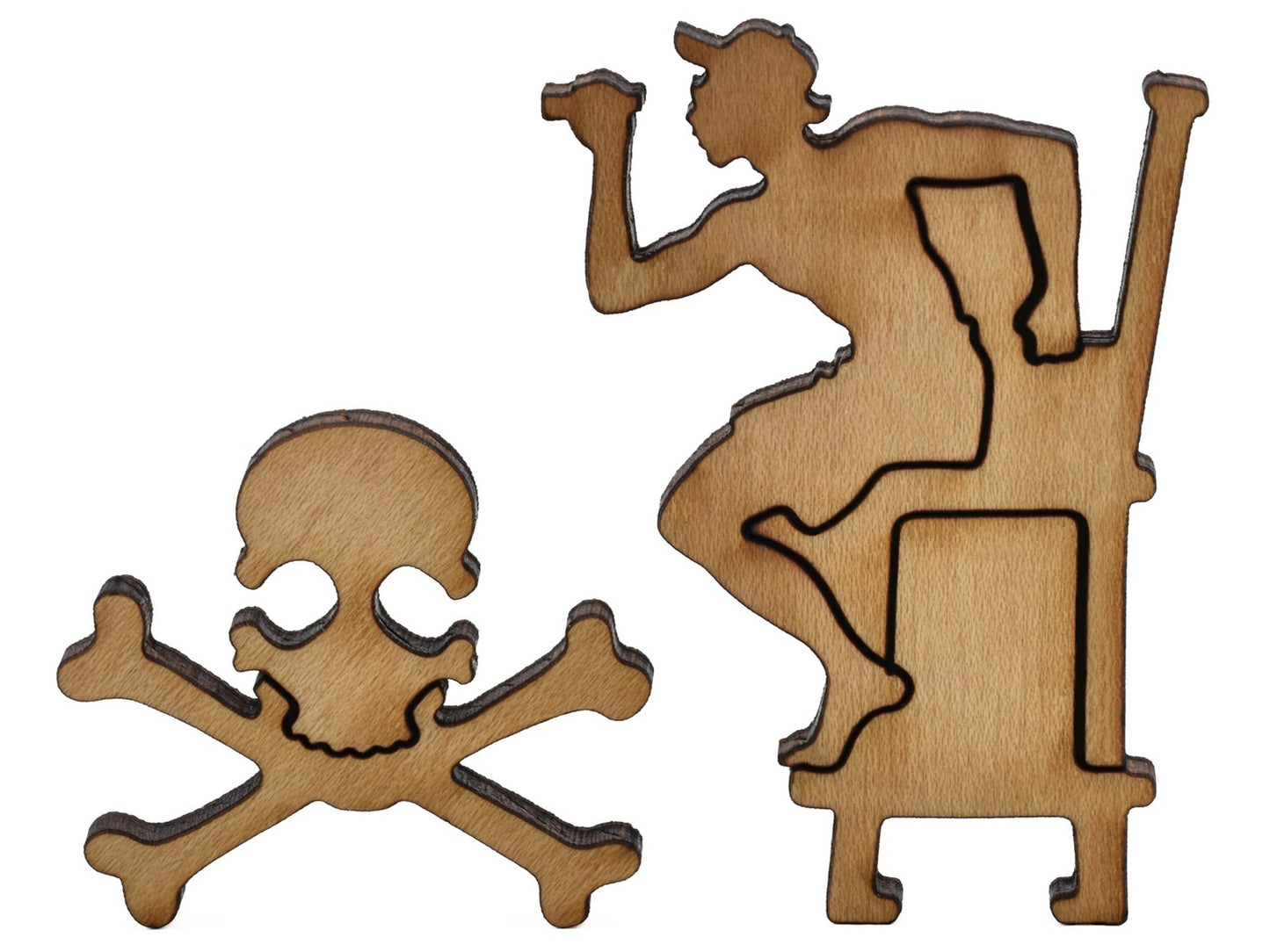 A closeup of pieces shaped like a lifeguard and a skull and crossbones.