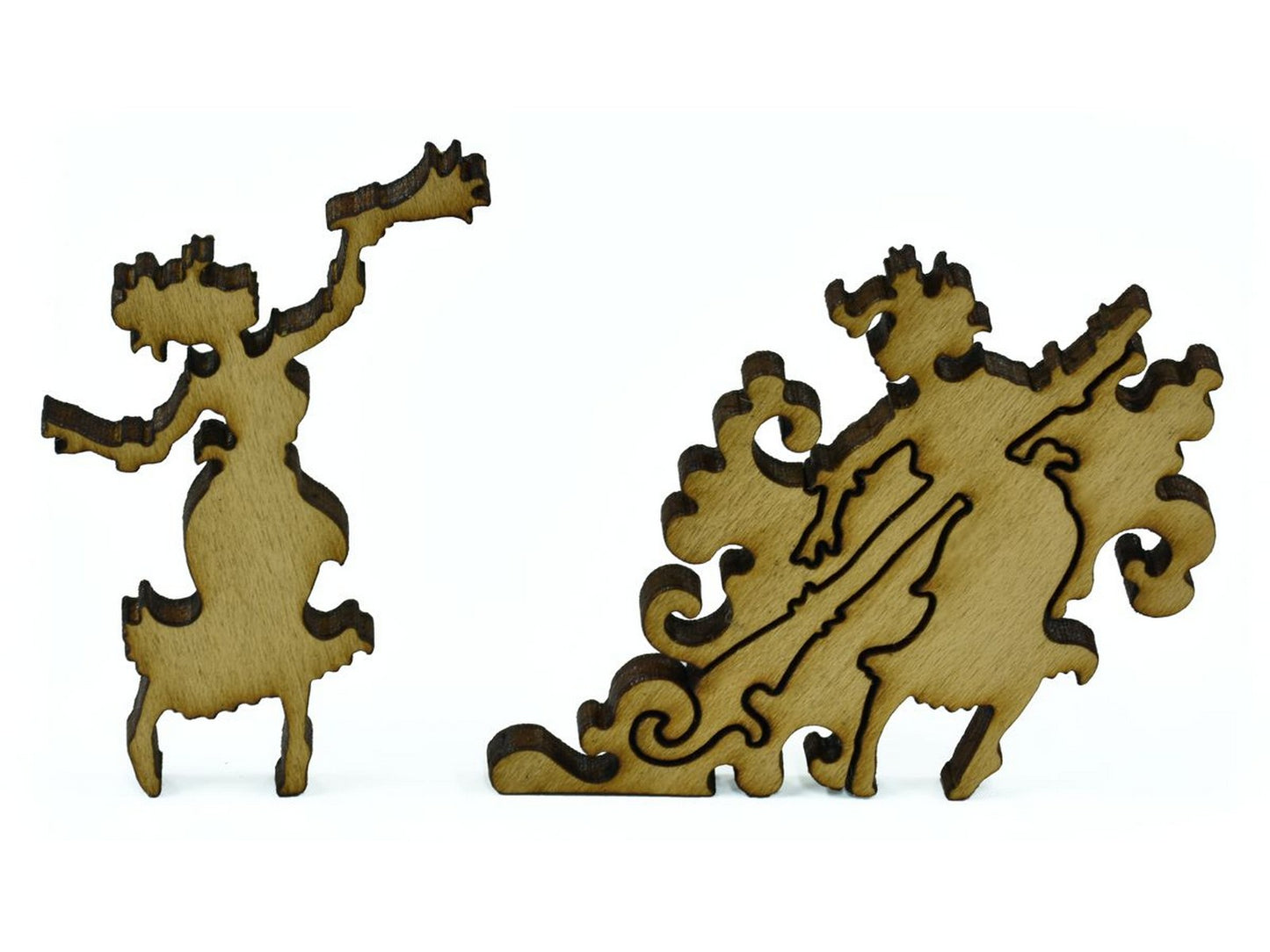 A closeup of pieces in the shape of maids cleaning.