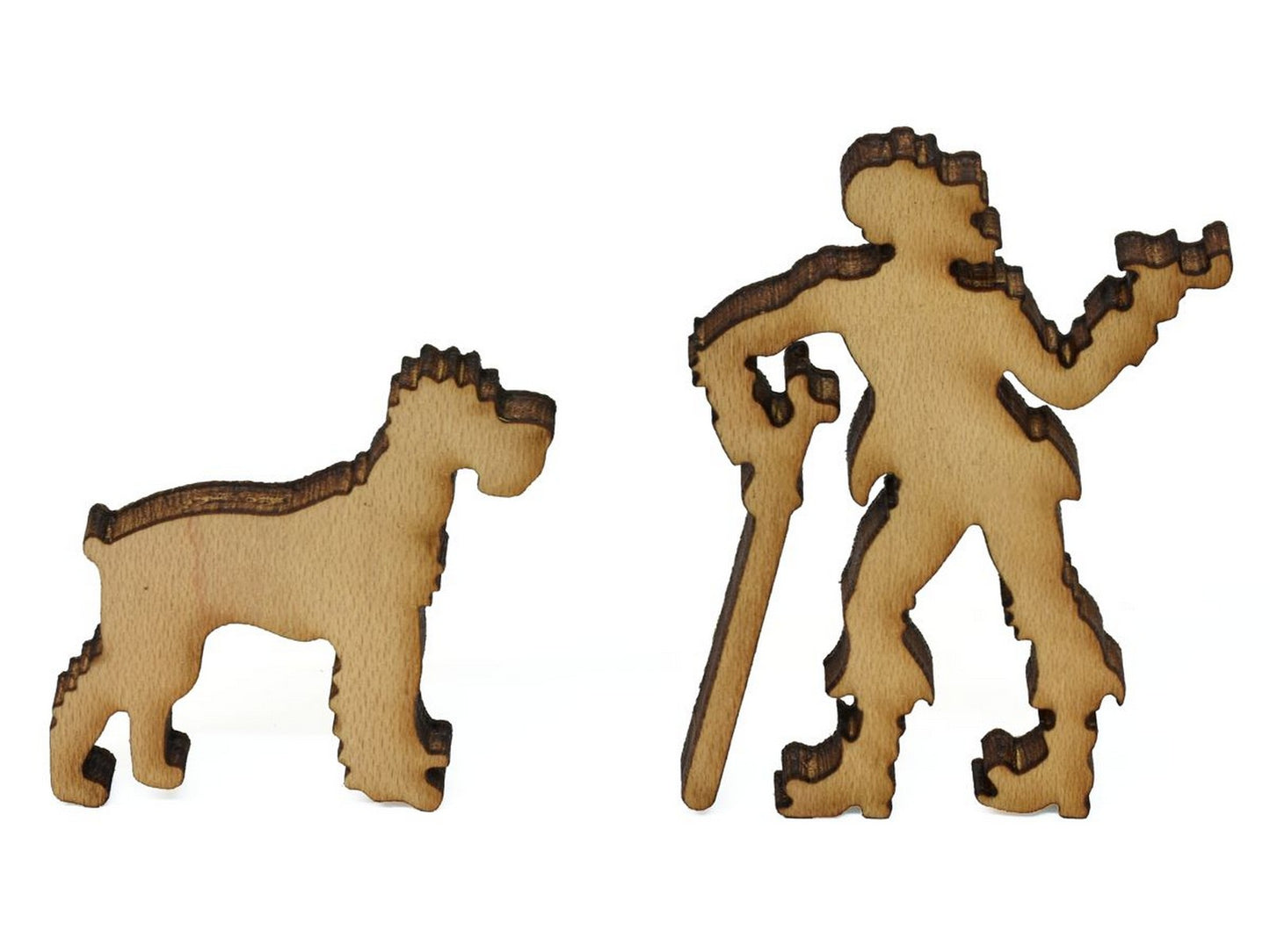 A closeup of pieces showing a dog with a man smoking a pipe.