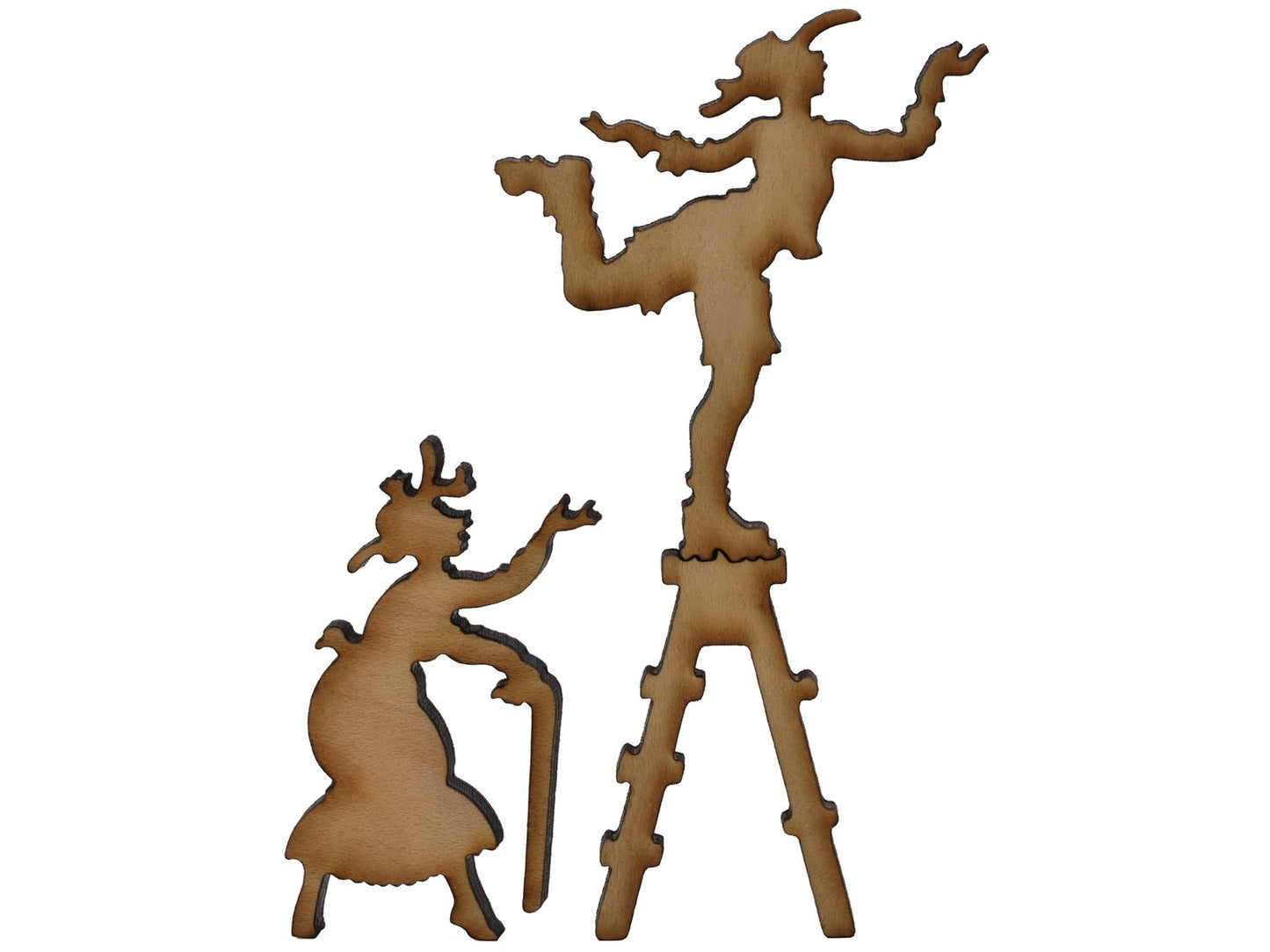 A closeup of pieces shaped like a person on a ladder picking fruit.