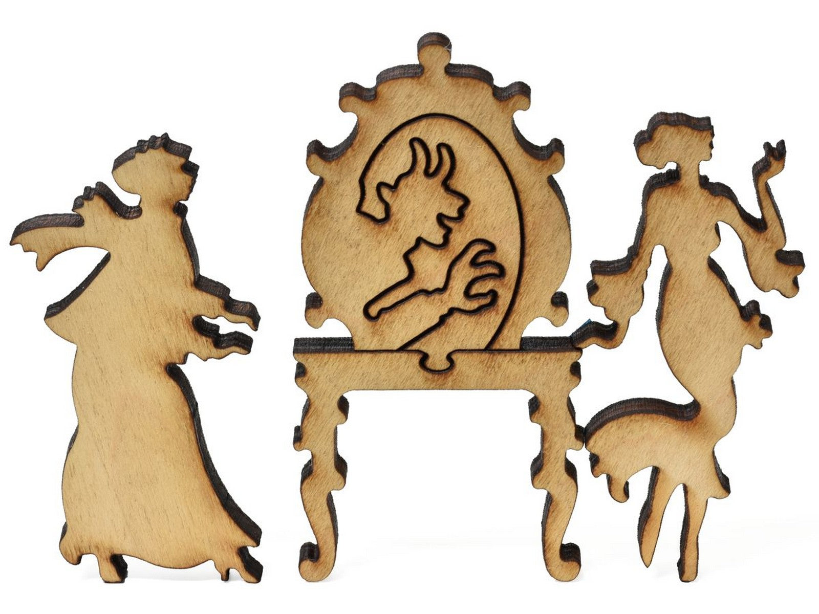 A closeup of pieces showing two women and a mirror.