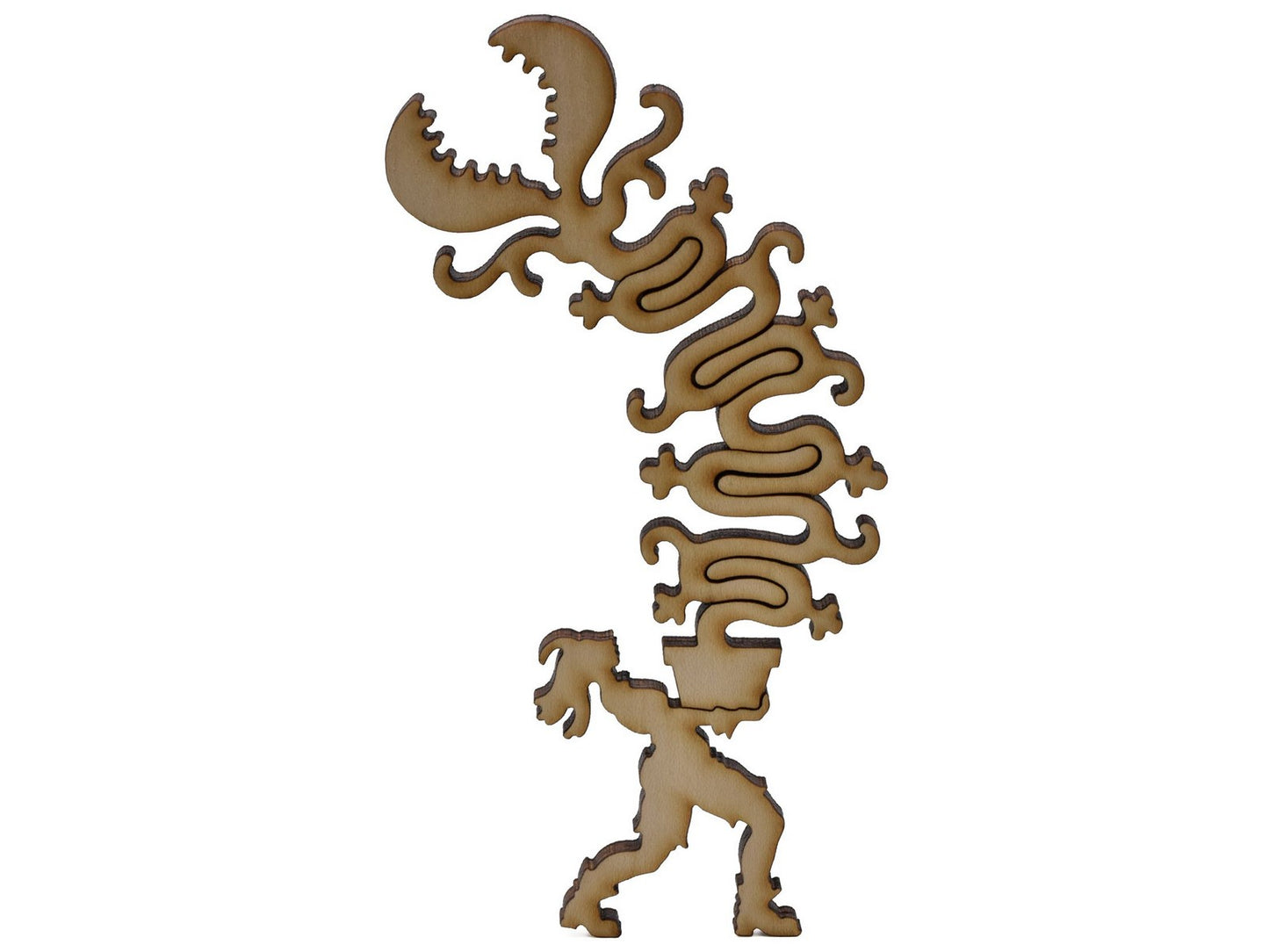 A closeup of pieces shaped like a person carrying a monster plant.