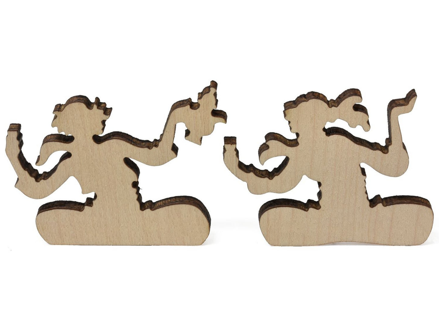 A closeup of pieces showing two people enjoying tea.