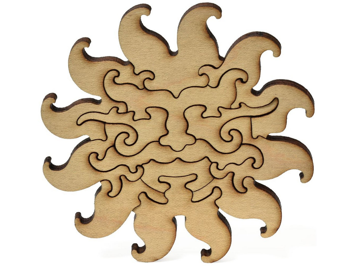 A closeup of pieces showing a multi-piece sun.