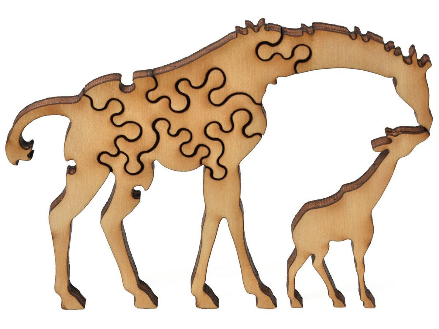A closeup of pieces showing a giraffe and it's baby.