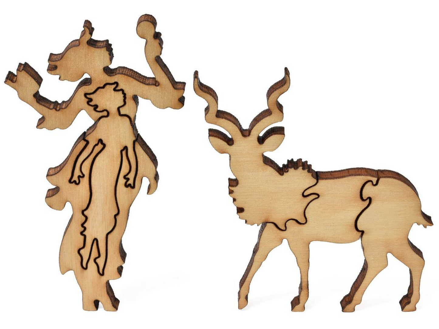 A closeup of pieces showing a woman and a kudu.