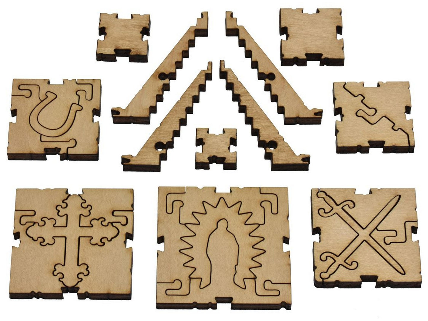 A closeup of pieces that can be put together to build a 3D pyramid in Illustrated Map of the Republic of Mexico.
