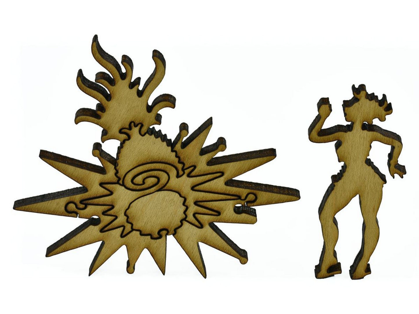 A closeup of pieces in the shape of a woman and a magic pineapple.