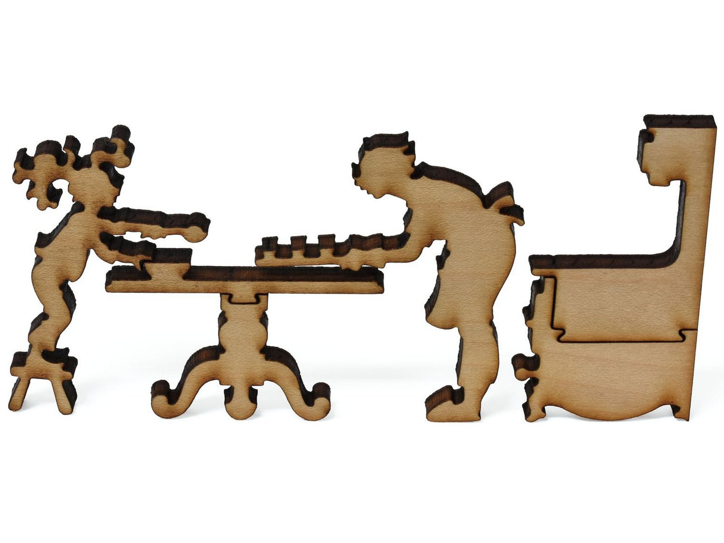A closeup of pieces showing a kitchen table with people cooking.