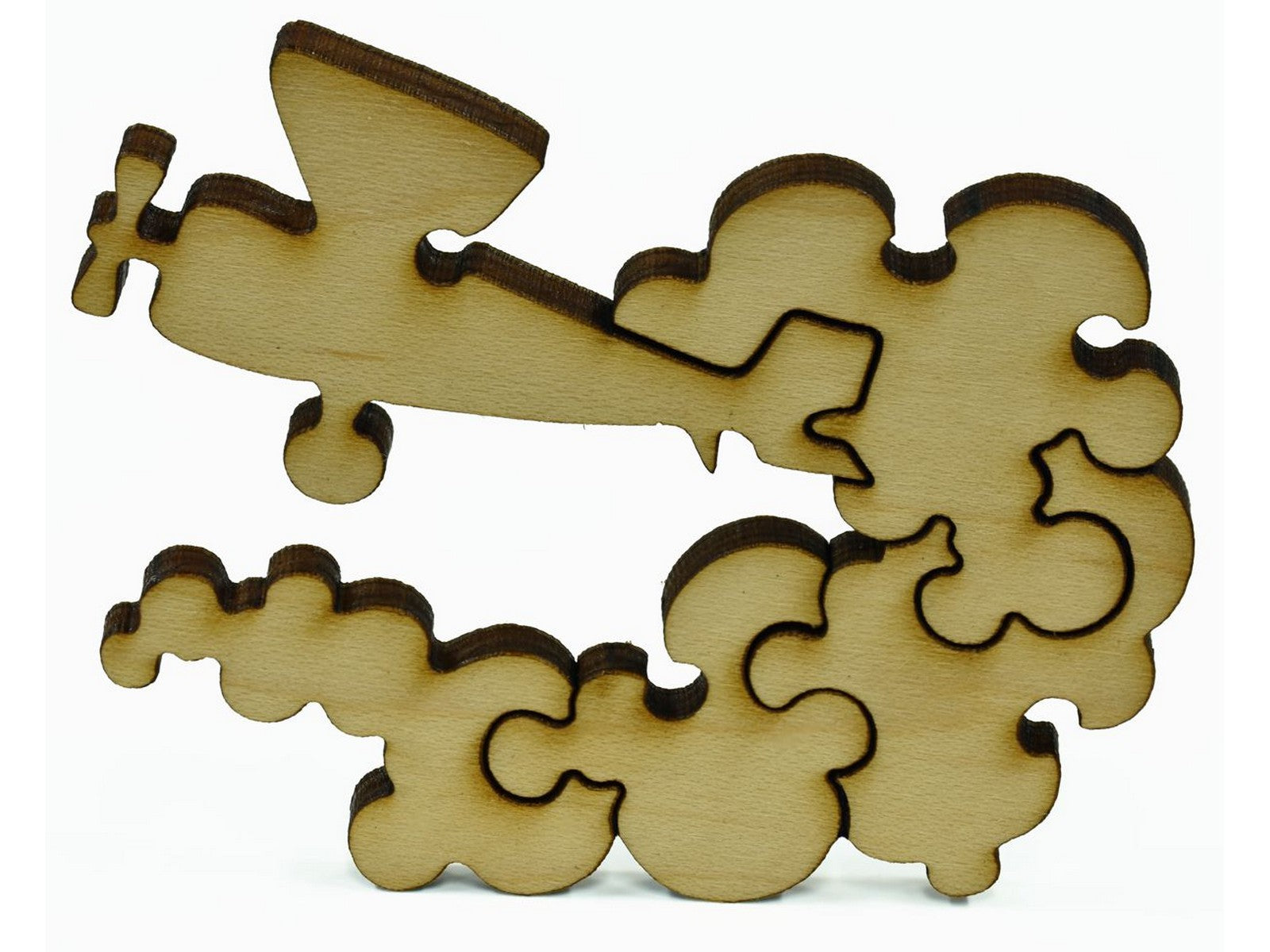 A closeup of pieces showing an airplane.