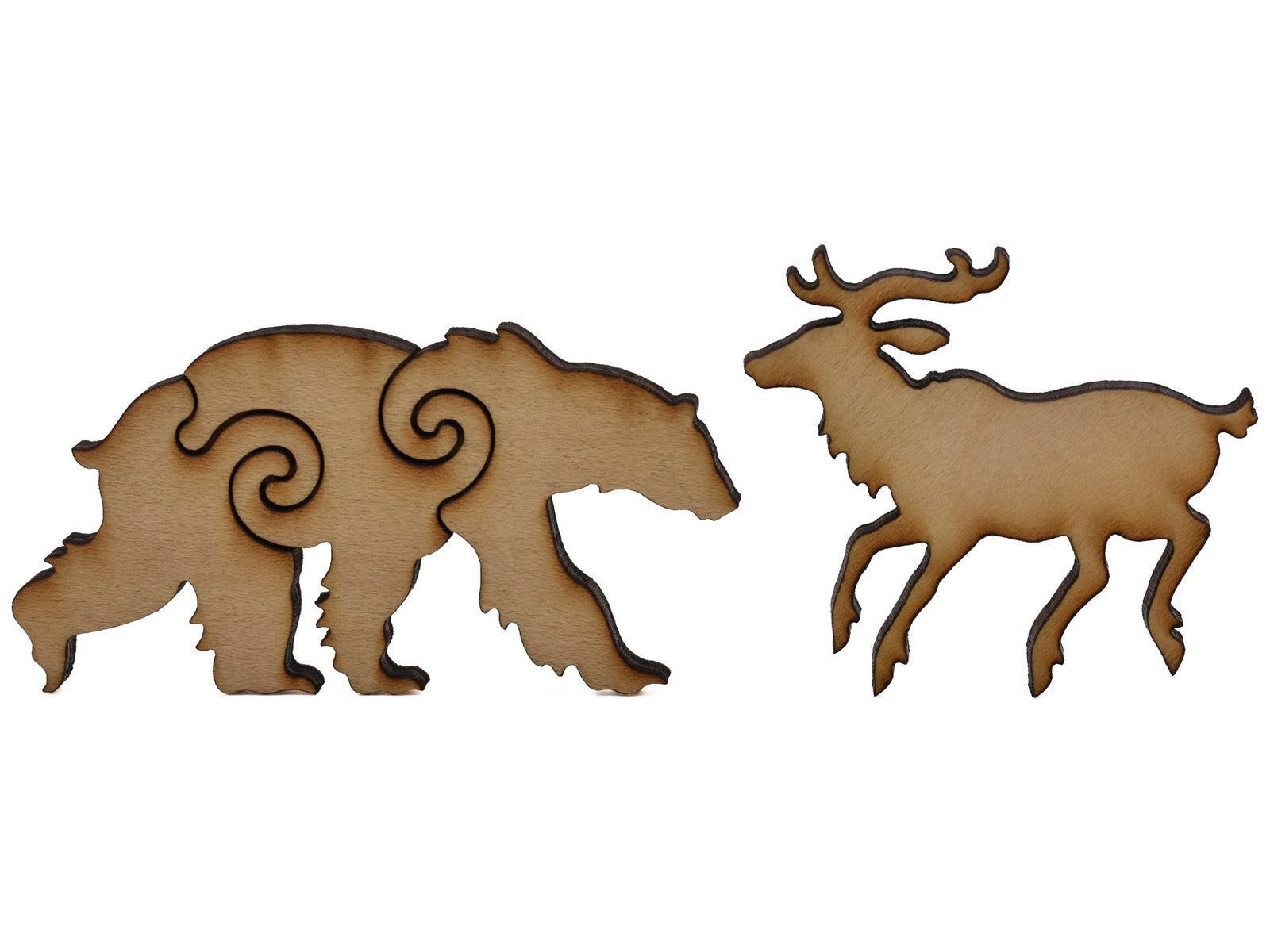A closeup of pieces shaped like a bear and a reindeer.