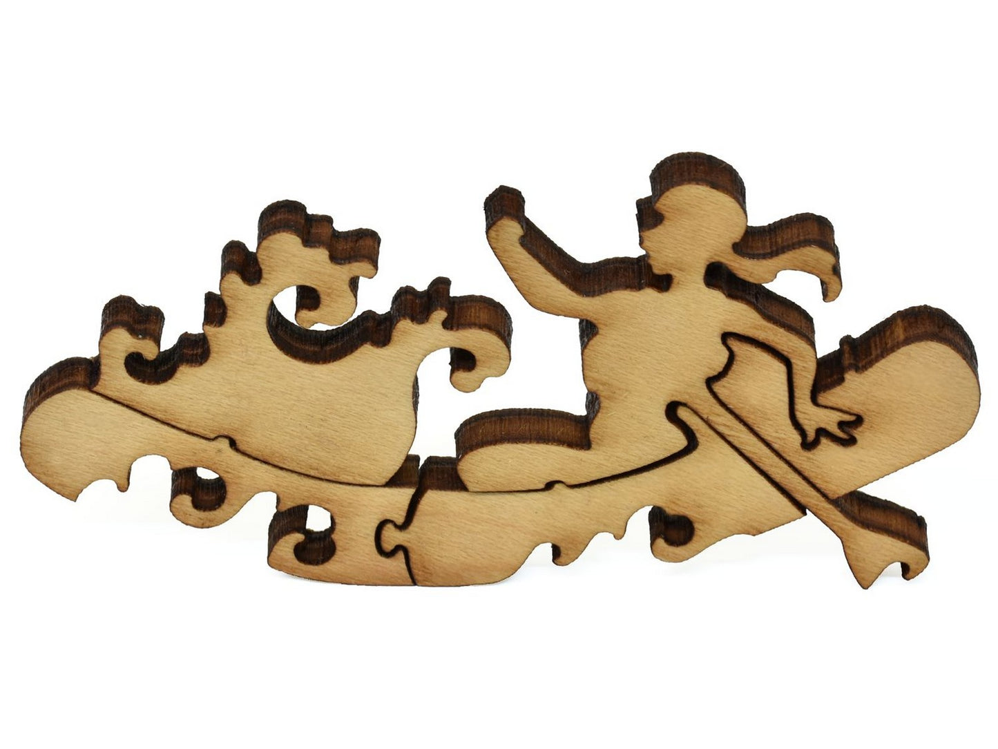 A closeup of pieces showing a woman in a raft going over rapids.