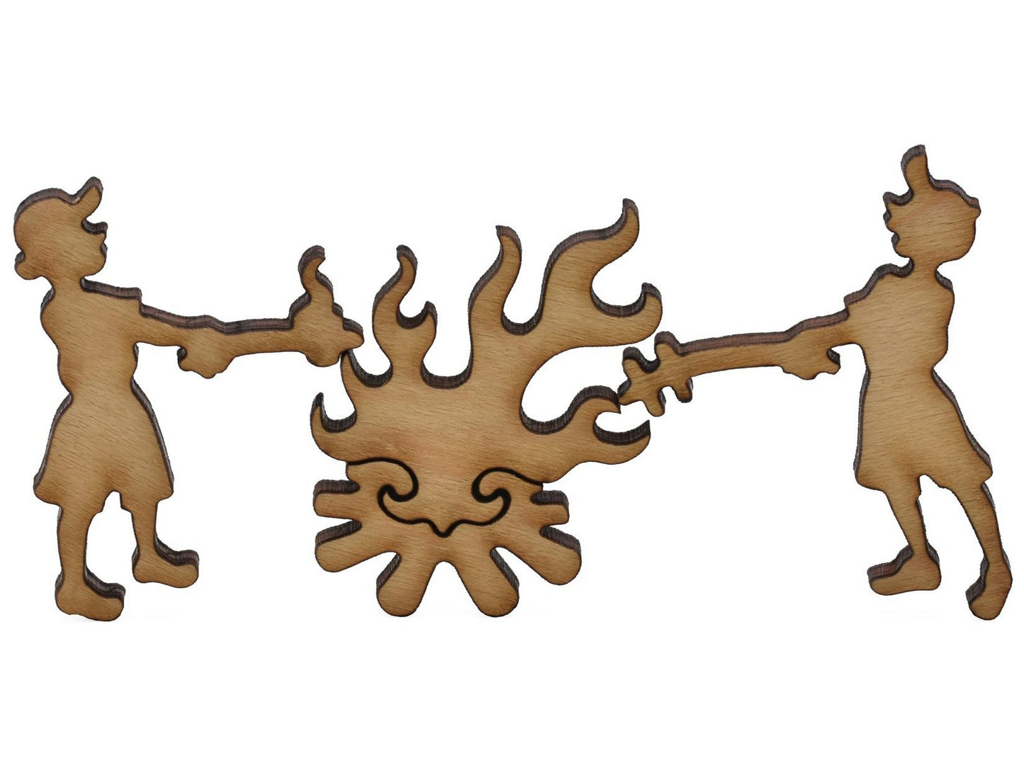 A closeup of pieces showing two people roasting marshmallows on a fire.