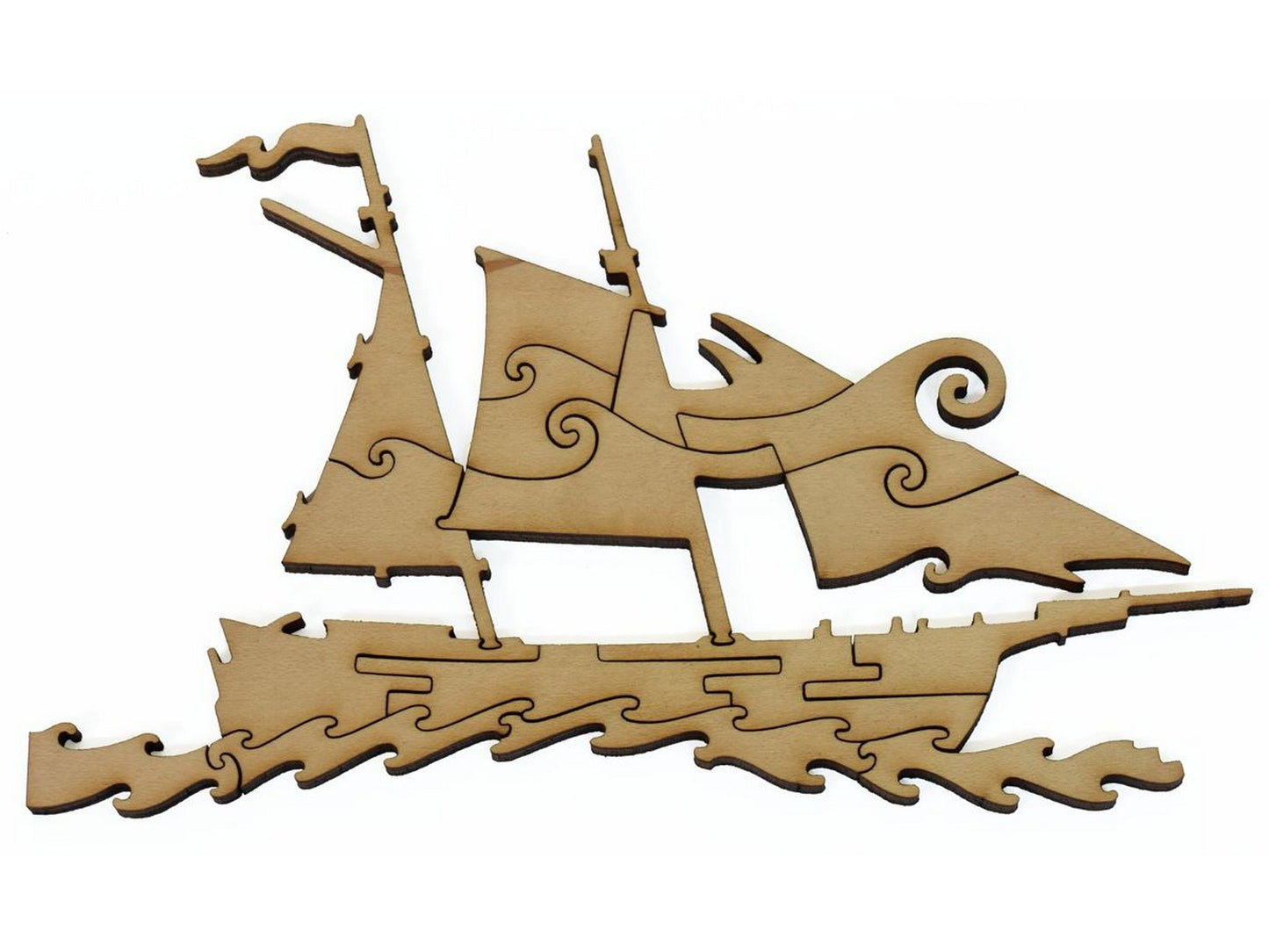 A closeup of pieces showing a clipper ship on the waves.